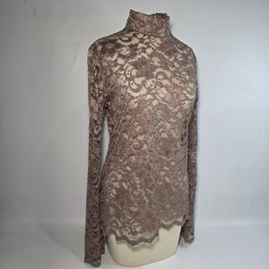 Y2K Metallic Lace Mock Neck Top Made‎ in USA Brown Long Bell Sleeve Stretch L